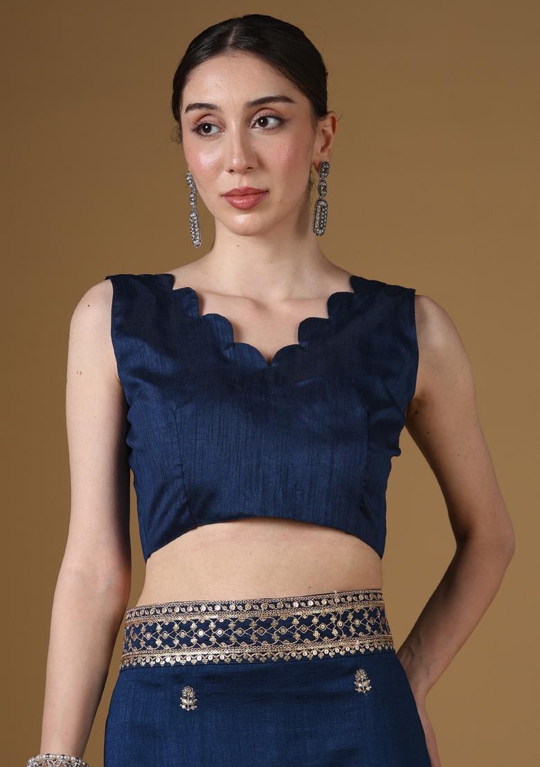 Teal Blue Embellished Silk Saree Set - Indya