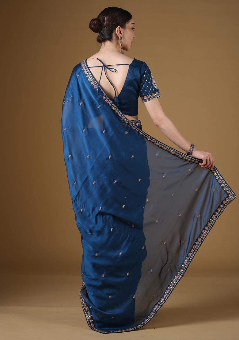 Teal Blue Embellished Georgette Saree Set - Indya