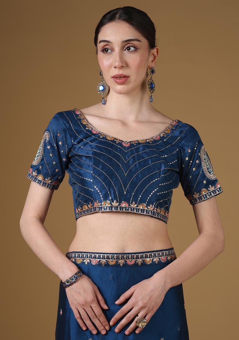 Teal Blue Embellished Georgette Saree Set - Indya