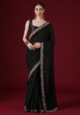 Black Embroidery Silk Saree Set