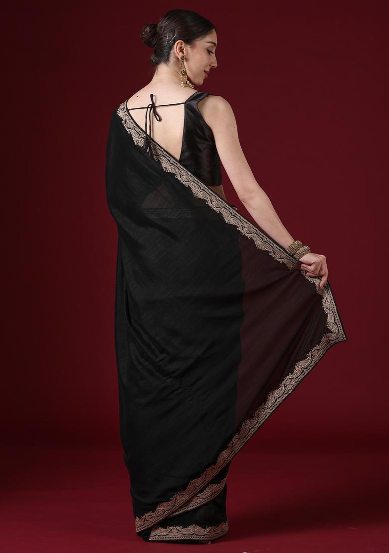 Black Embroidery Silk Saree Set - Indya