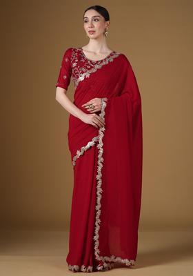 Red Embellished Silk Saree Set
