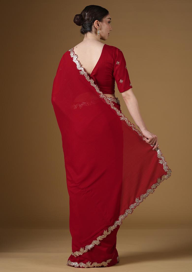 Red Embellished Silk Saree Set - Indya