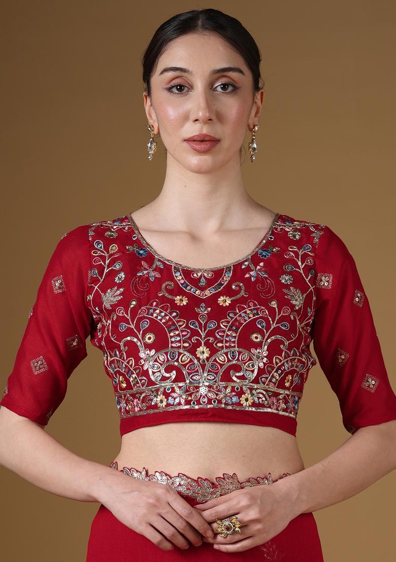 Red Embellished Silk Saree Set - Indya