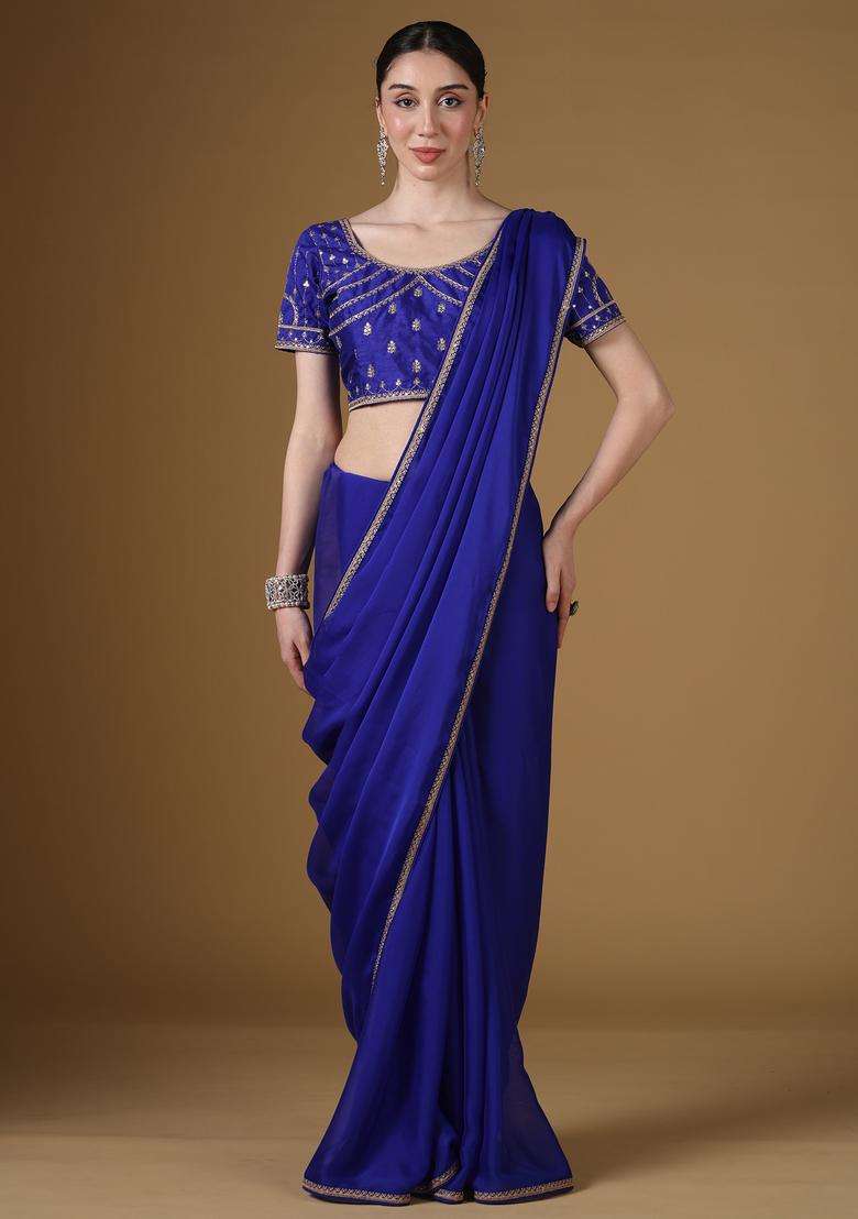 Blue Georgette Saree Set with Embroidery for Diwali | Wedding & Festive Wear - Indya
