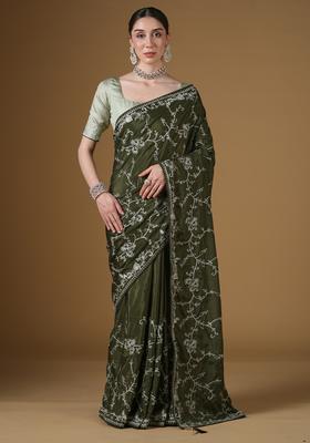 Dark Green Embroidery Crepe Saree Set
