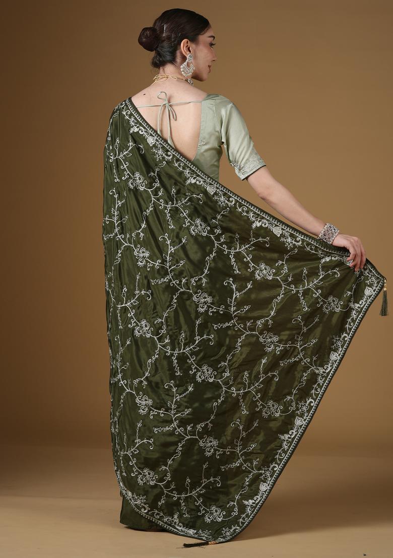 Dark Green Embroidery Crepe Saree Set - Indya