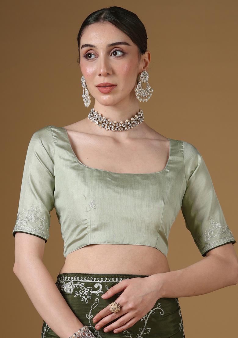 Dark Green Embroidery Crepe Saree Set - Indya