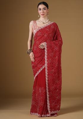 Red Embroidery Georgette Saree Set