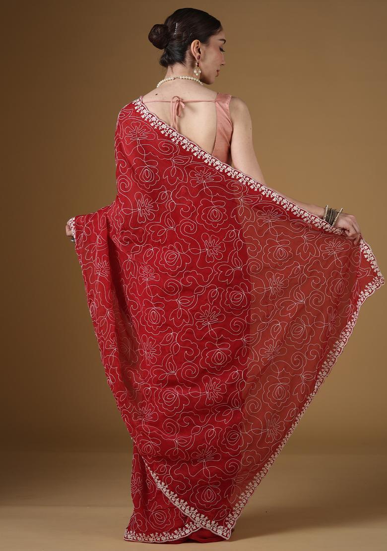 Red Embroidery Georgette Saree Set - Indya