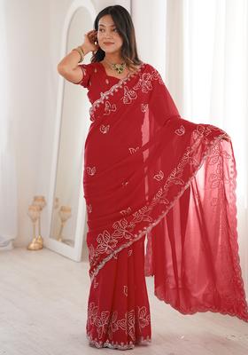 Red Embellished Georgette Saree Set
