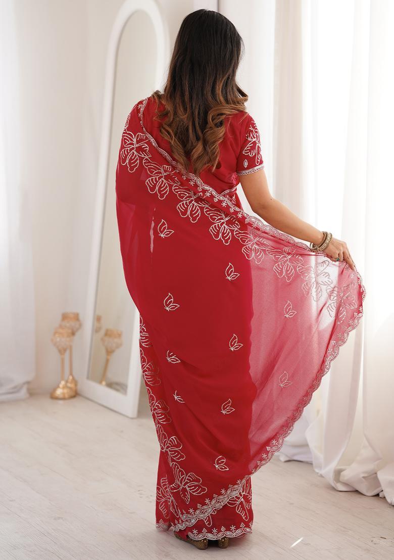 Red Embellished Georgette Saree Set - Indya