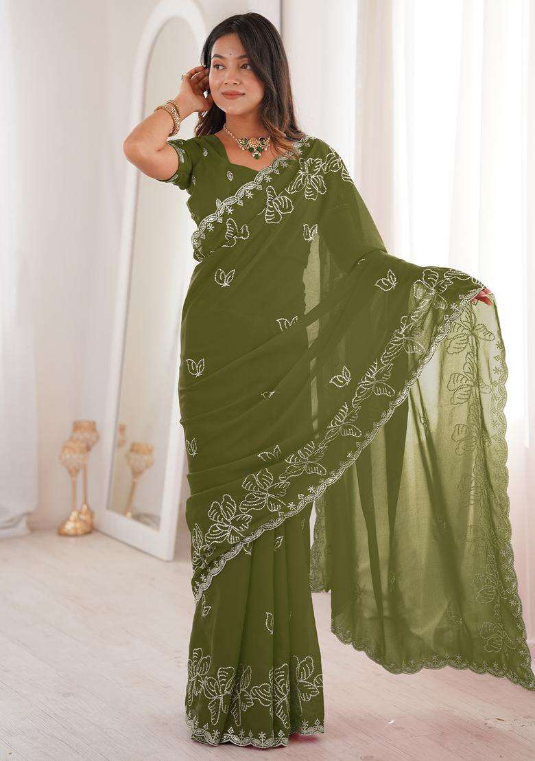 Olive Embellished Georgette Saree Set for Diwali | Wedding & Festive Wear - Indya