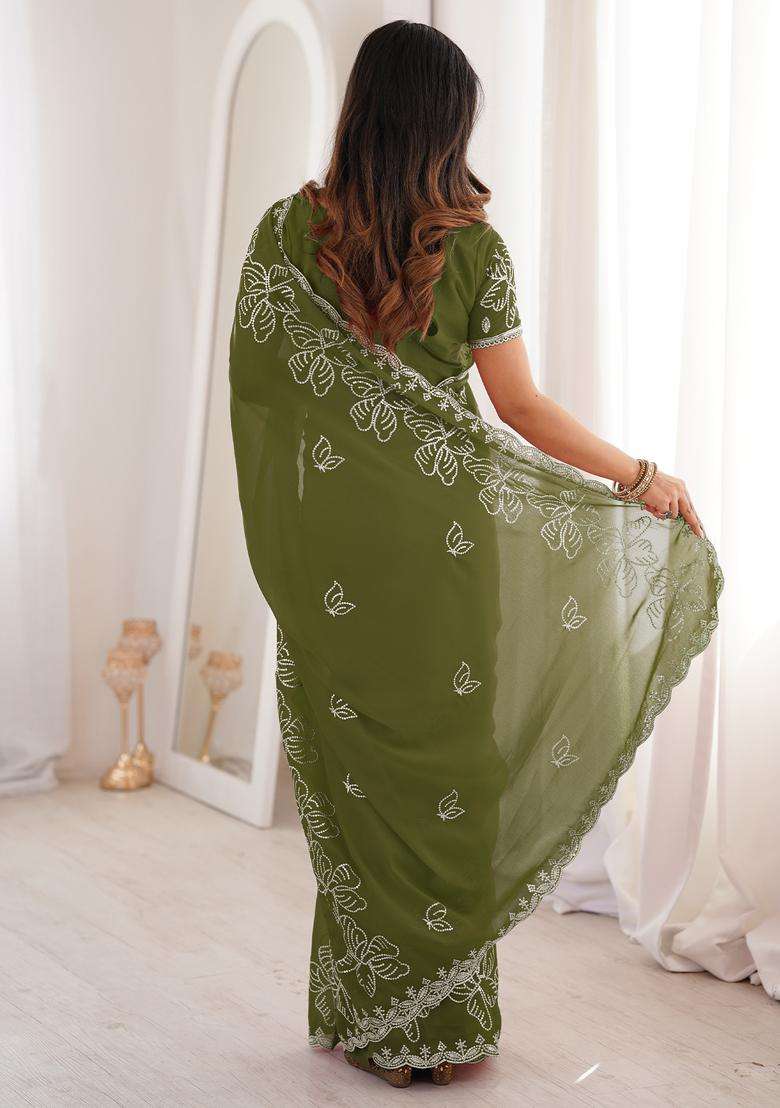 Olive Embellished Georgette Saree Set for Diwali | Wedding & Festive Wear - Indya