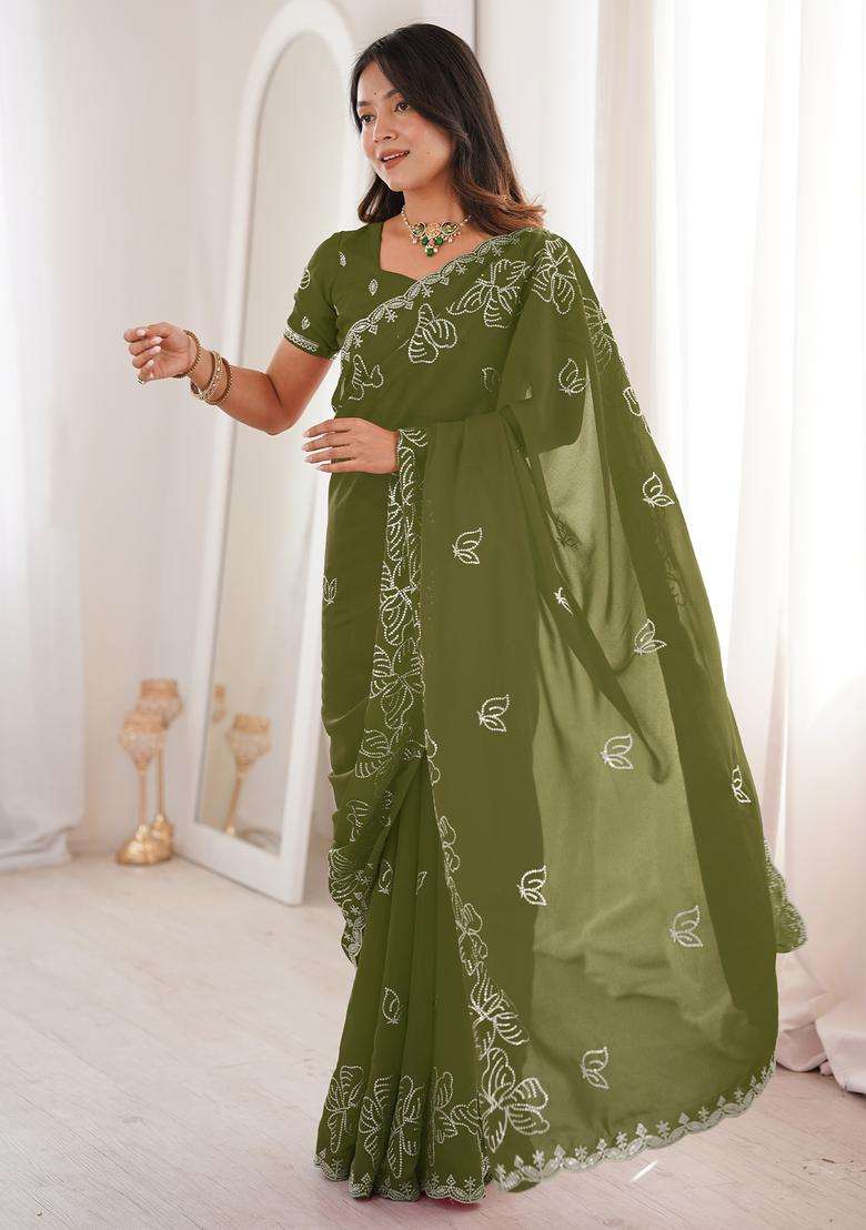 Olive Embellished Georgette Saree Set for Diwali | Wedding & Festive Wear - Indya