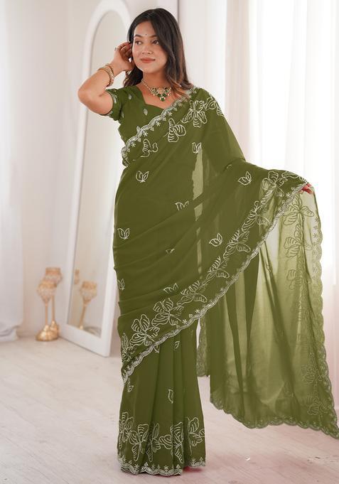 Olive Embellished Georgette Saree Set for Diwali | Wedding & Festive Wear