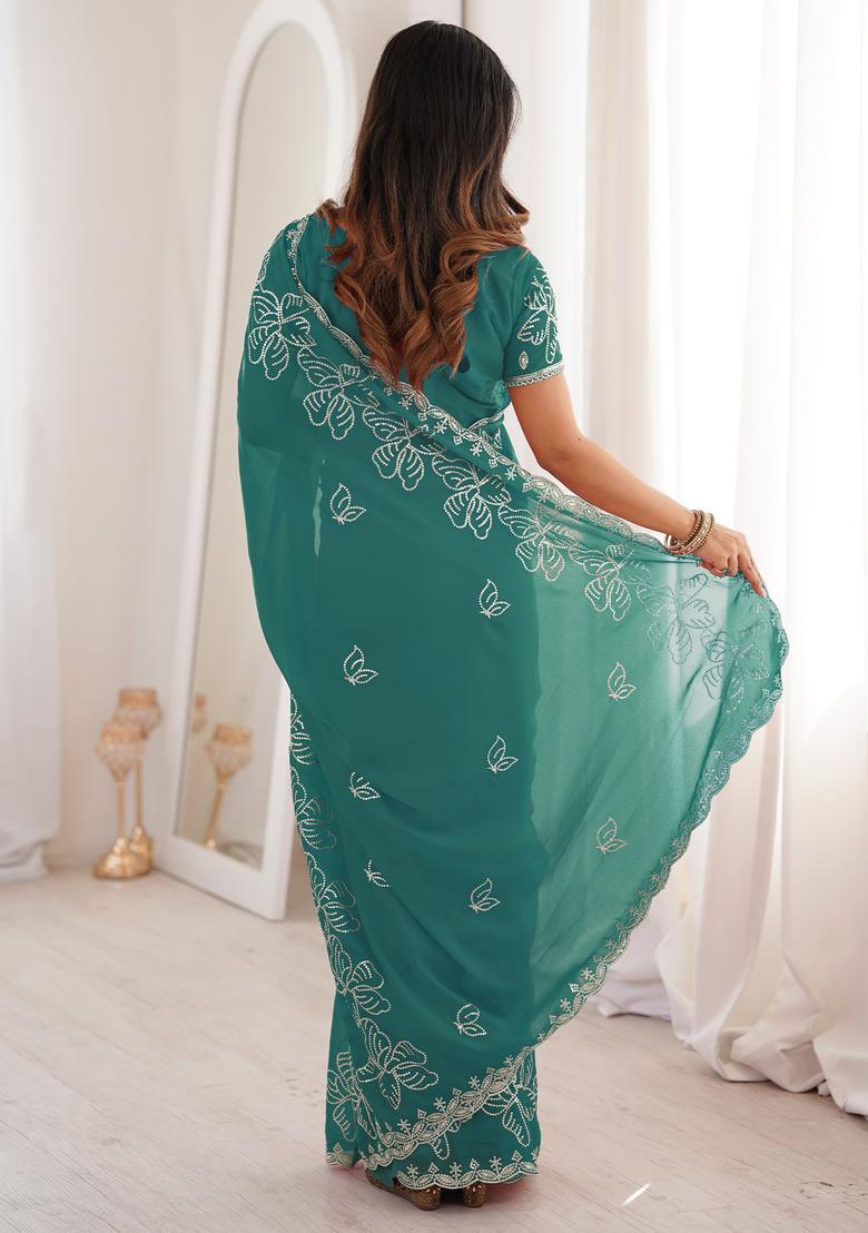 Light Blue Embellished Georgette Saree Set - Indya