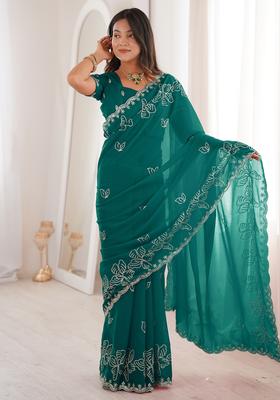 Teal Blue Embellished Georgette Saree Set