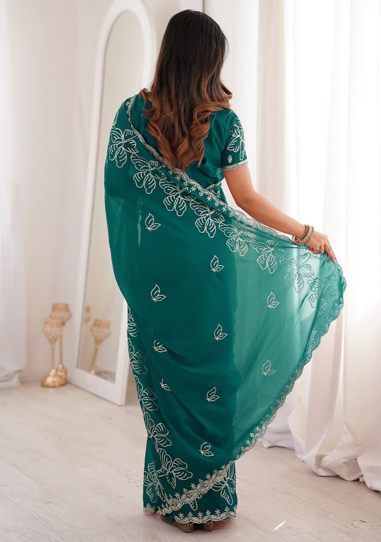 Teal Blue Embellished Georgette Saree Set - Indya