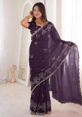 Purple Embellished Georgette Saree Set