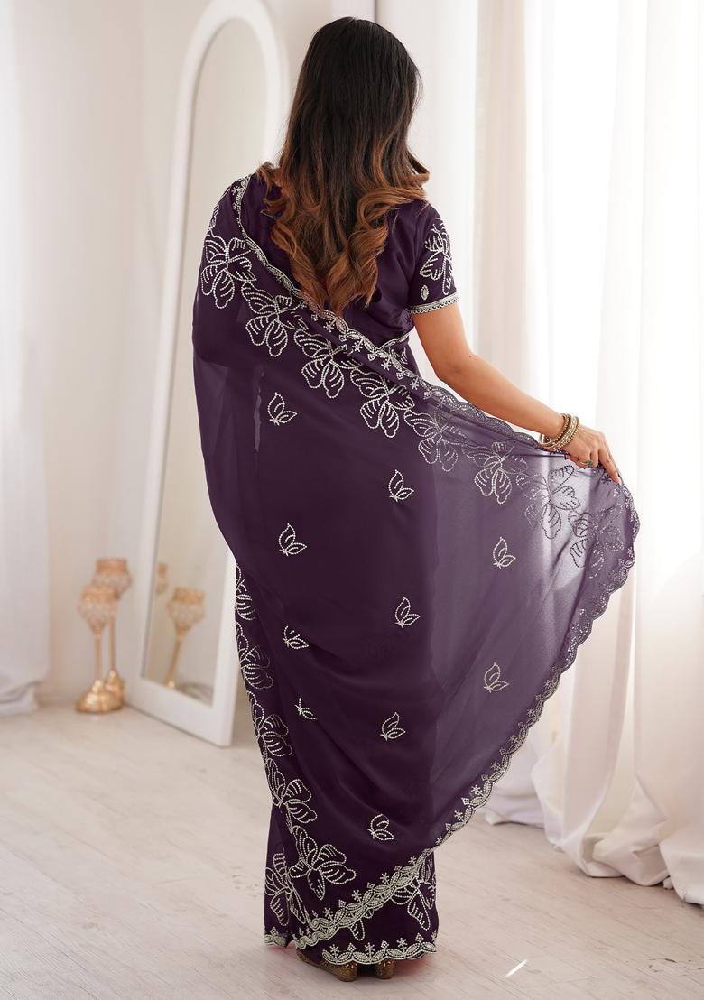 Purple Embellished Georgette Saree Set - Indya
