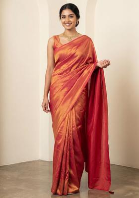 Orange Solid Silk Saree Set