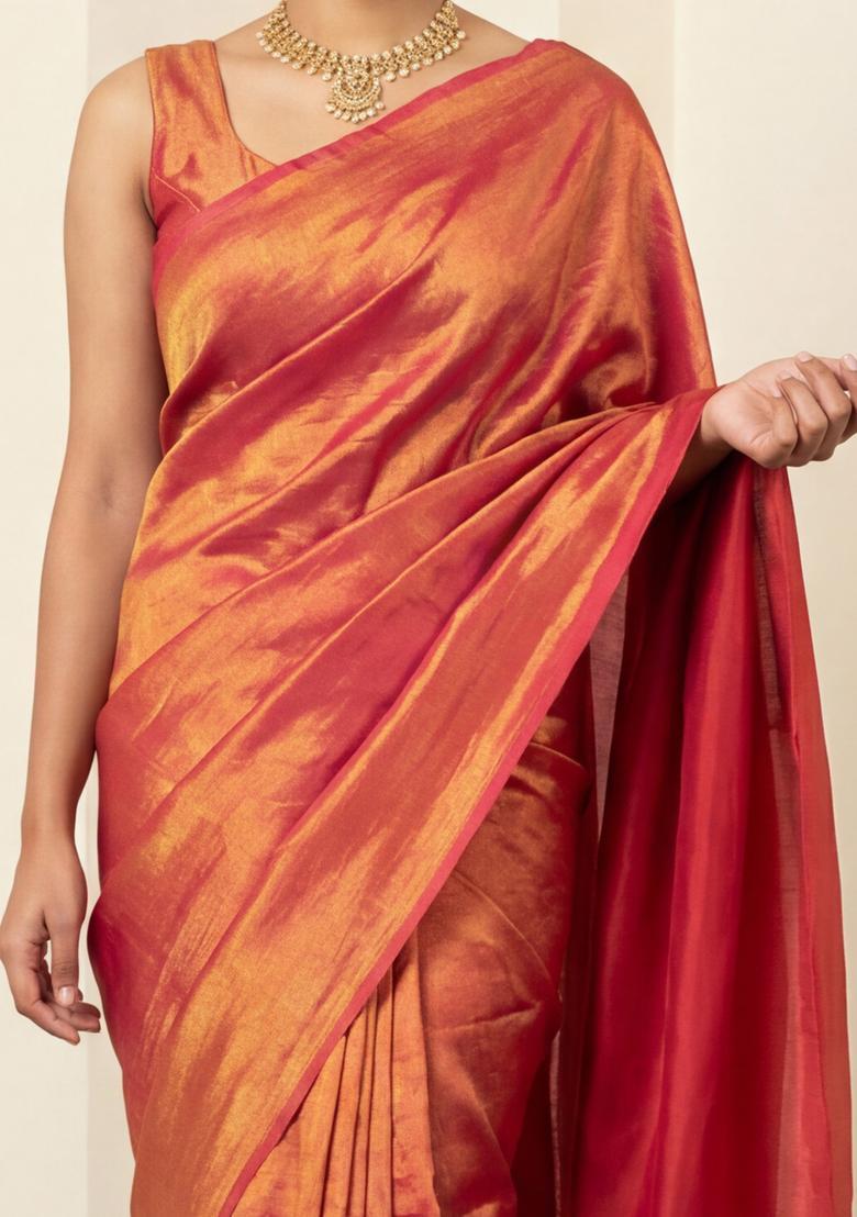 Orange Solid Silk Saree Set - Indya