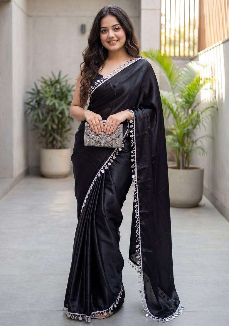 Black Solid Satin Saree Set for Diwali and Festive Wear - Indya