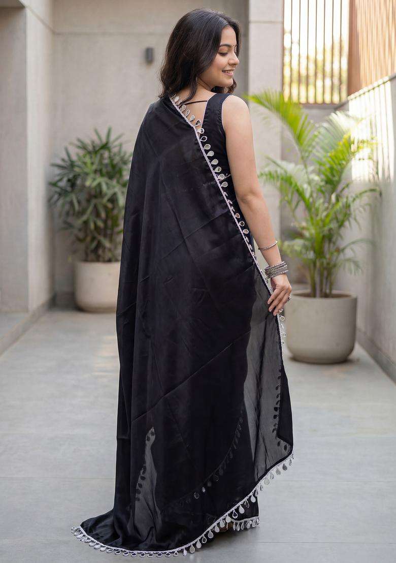 Black Solid Satin Saree Set for Diwali and Festive Wear - Indya