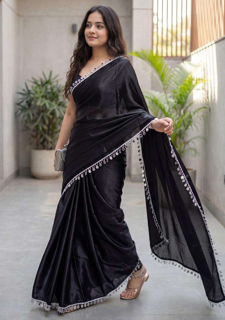 Black Solid Satin Saree Set for Diwali and Festive Wear - Indya