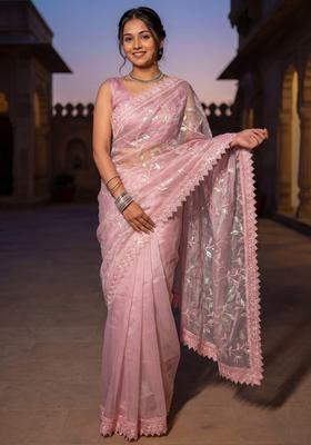 Pink Embellished Net Saree Set