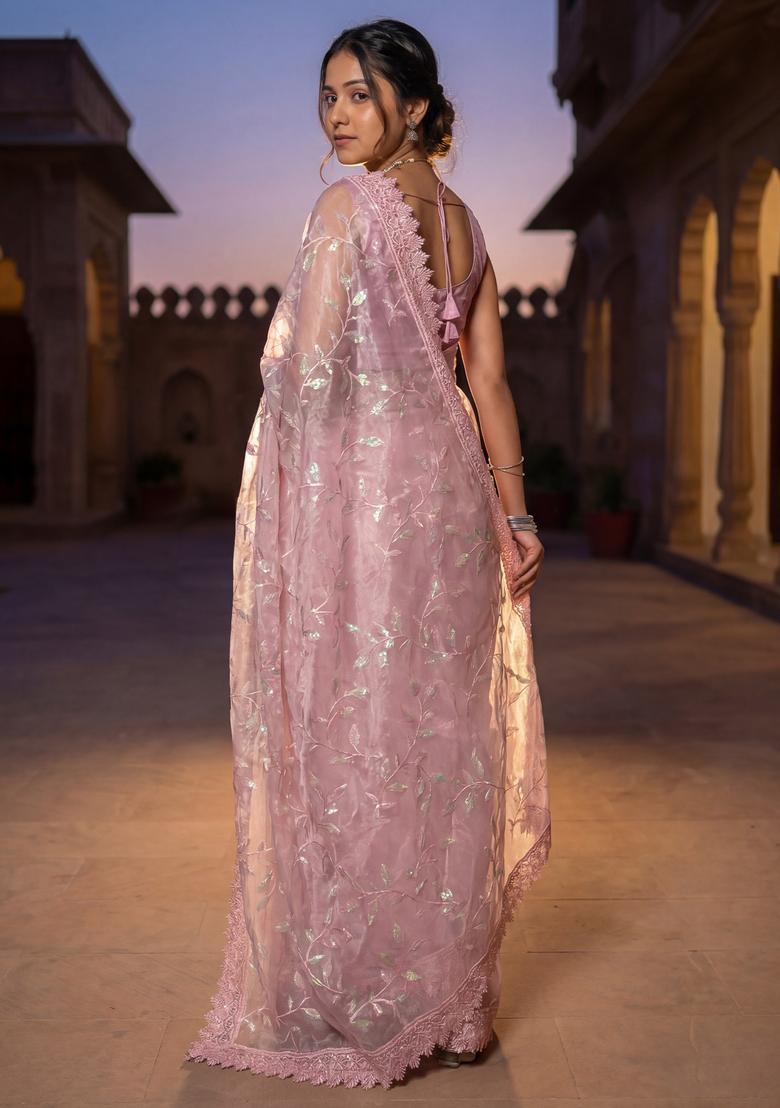 Pink Embellished Net Saree Set - Indya