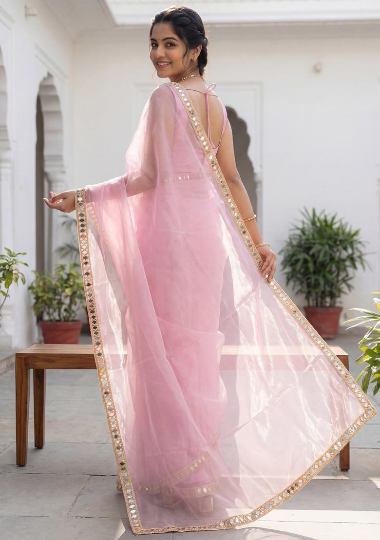 Pink Embellished Net Saree Set - Indya