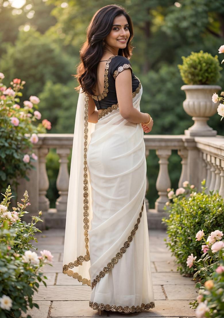 Off White Embellished Georgette Saree Set - Indya