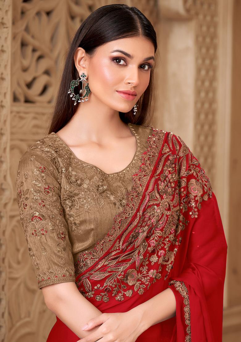 Burgundy Embellished Silk Saree Set - Indya