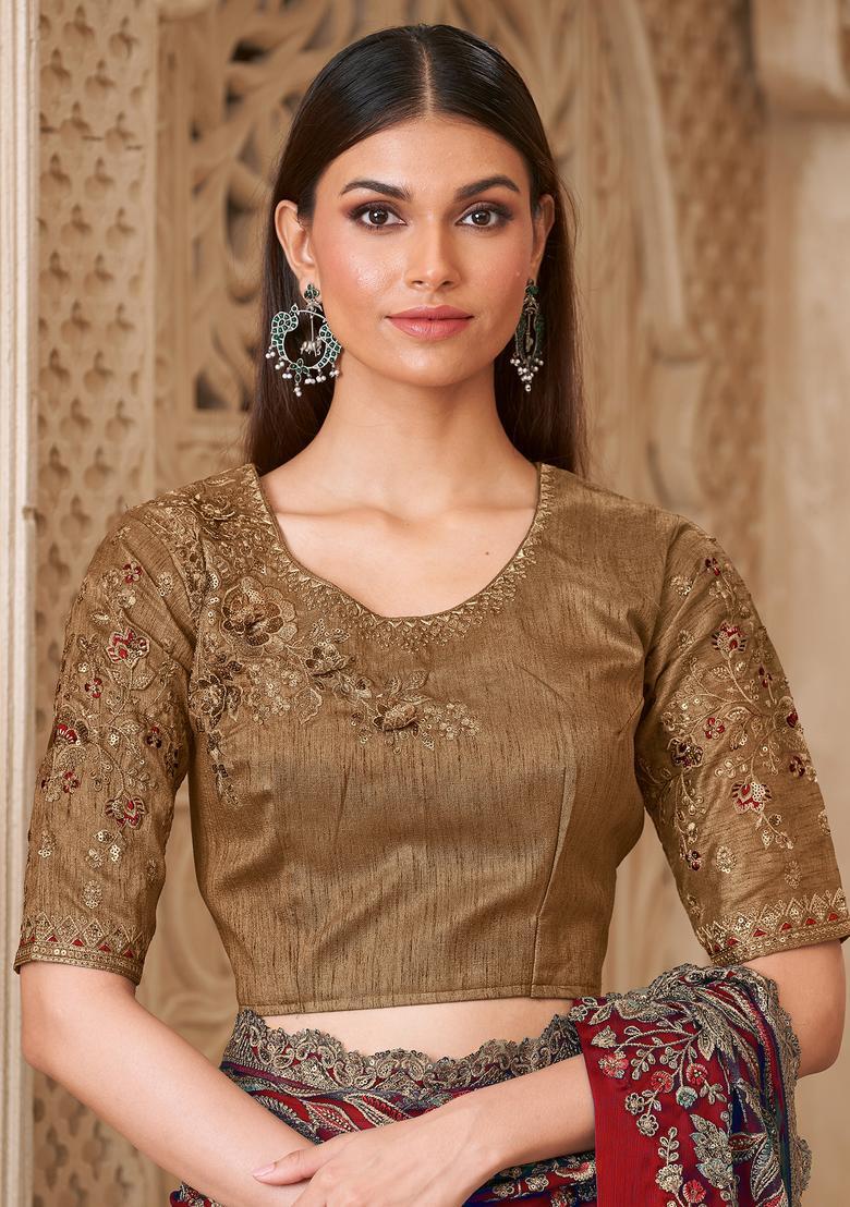 Burgundy Embellished Silk Saree Set - Indya