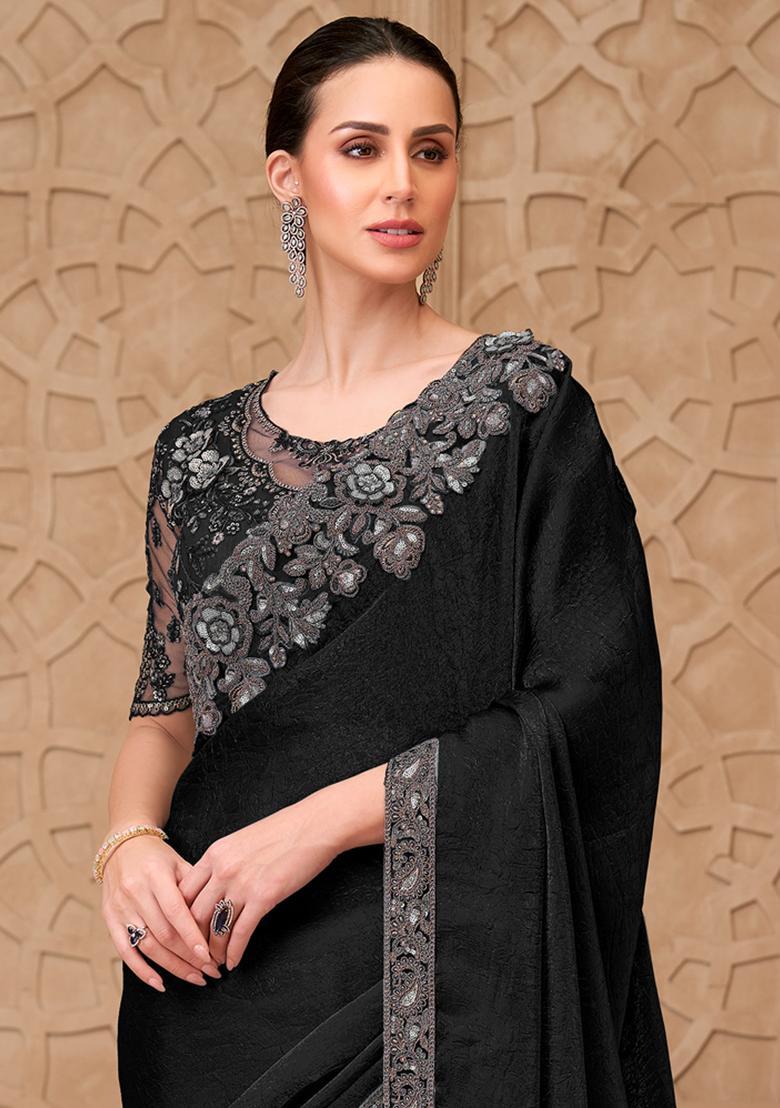 Black Embellished Georgette Saree Set - Indya