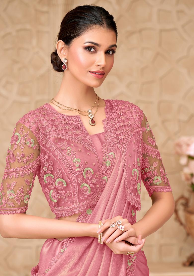 Pink Embroidery Georgette Saree Set - Indya
