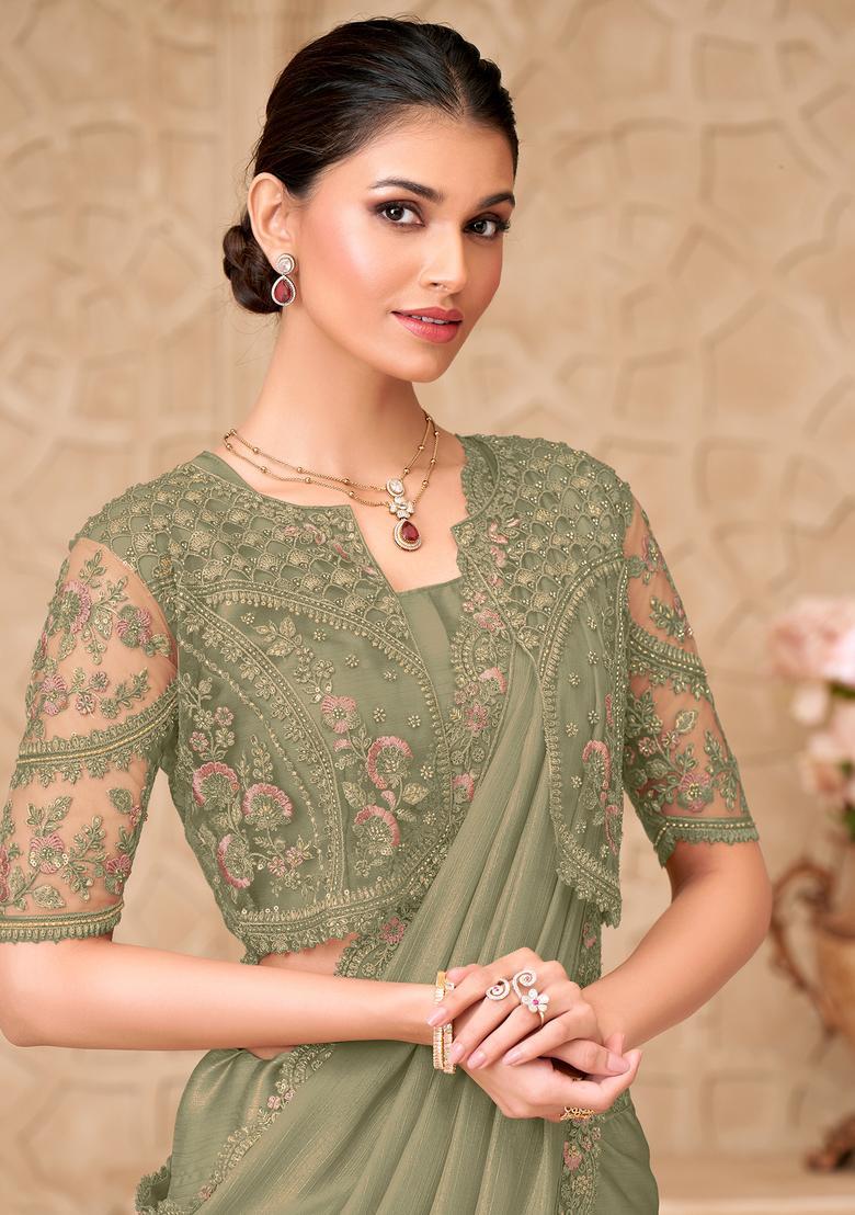 Light Green Embroidery Georgette Saree Set - Indya