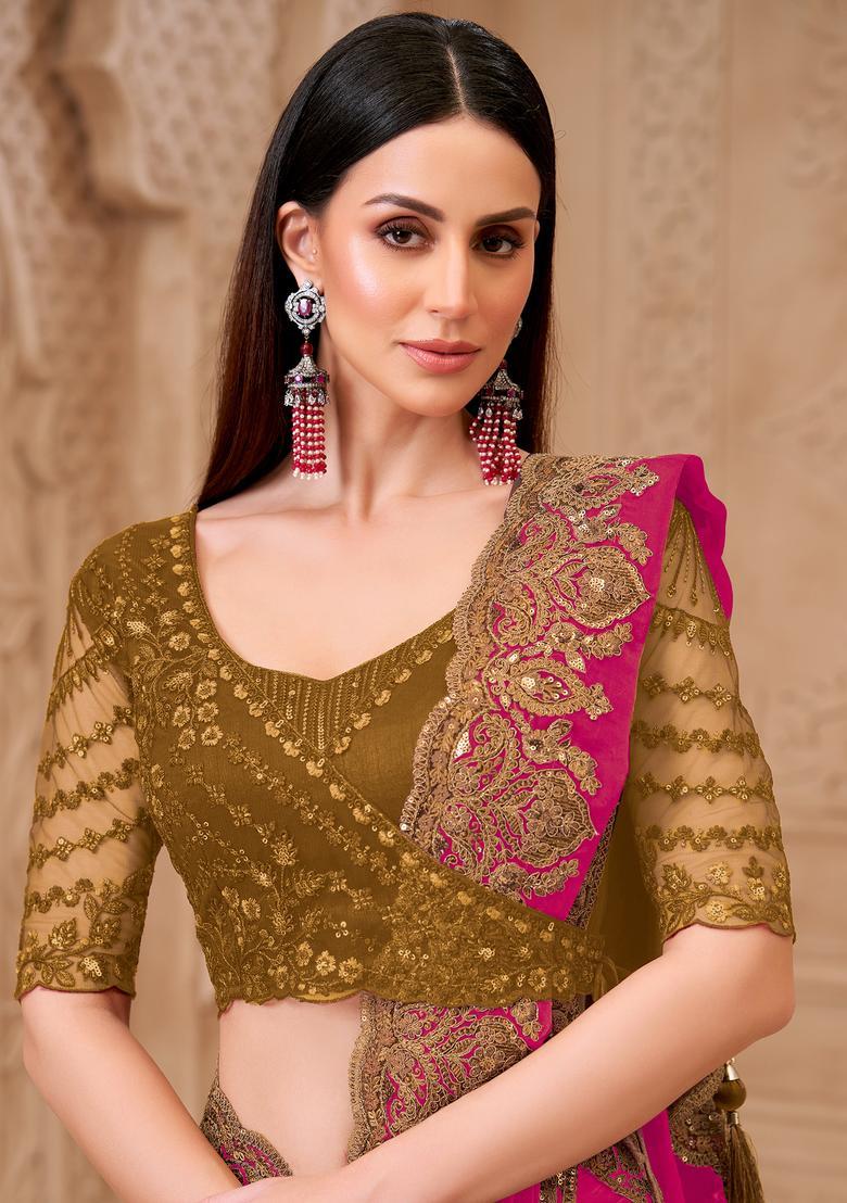Pink Embellished Georgette Saree Set - Indya