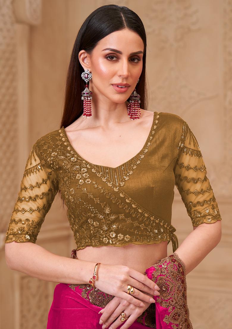 Pink Embellished Georgette Saree Set - Indya