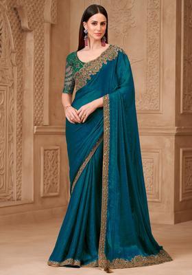 Teal Blue Embellished Georgette Saree Set