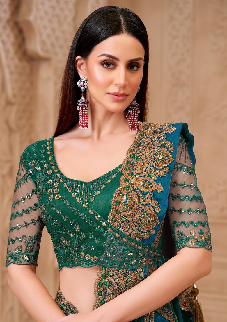 Teal Blue Embellished Georgette Saree Set - Indya
