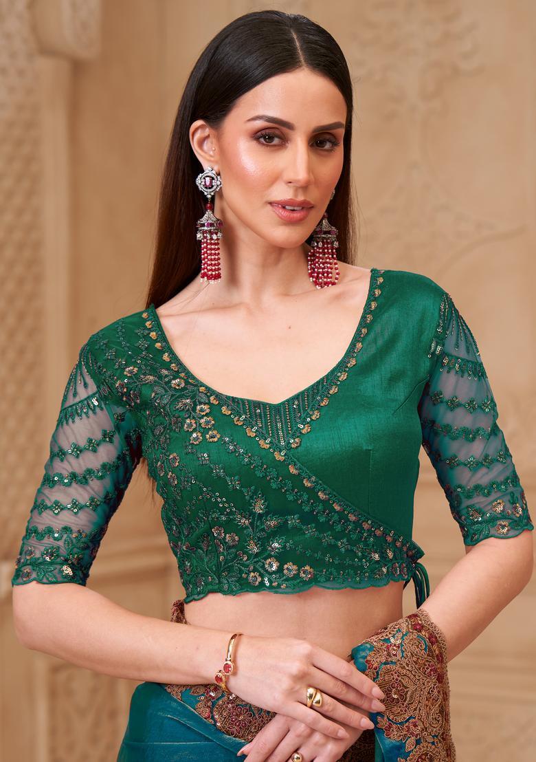 Teal Blue Embellished Georgette Saree Set - Indya