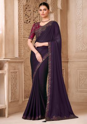 Wine Embellished Georgette Saree Set