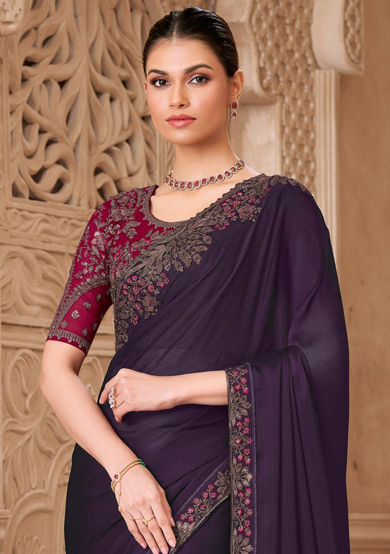 Wine Embellished Georgette Saree Set - Indya