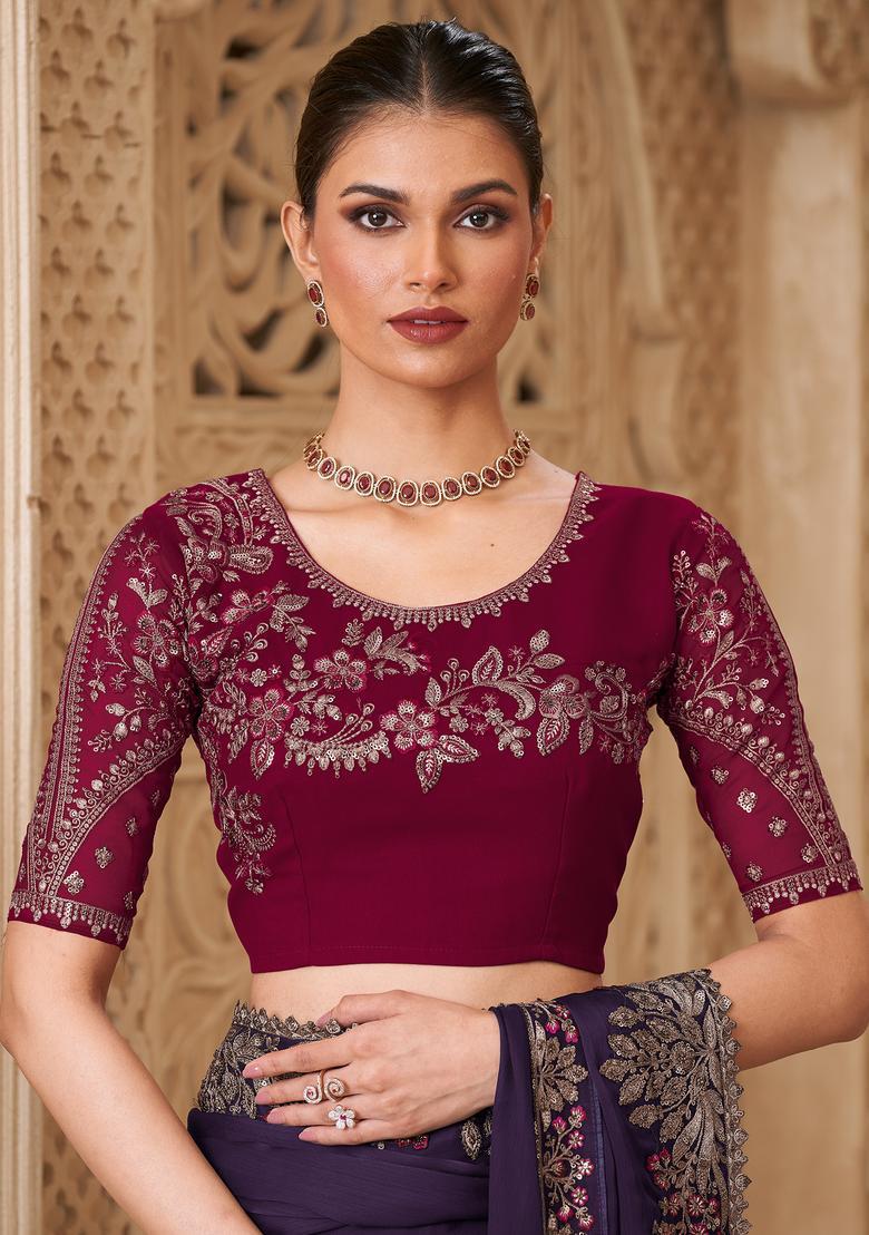 Wine Embellished Georgette Saree Set - Indya
