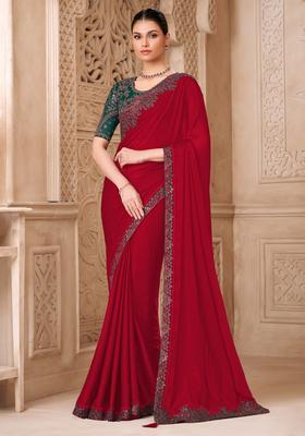Red Embellished Georgette Saree Set