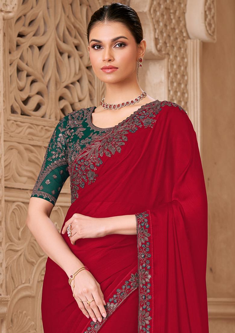 Red Embellished Georgette Saree Set - Indya
