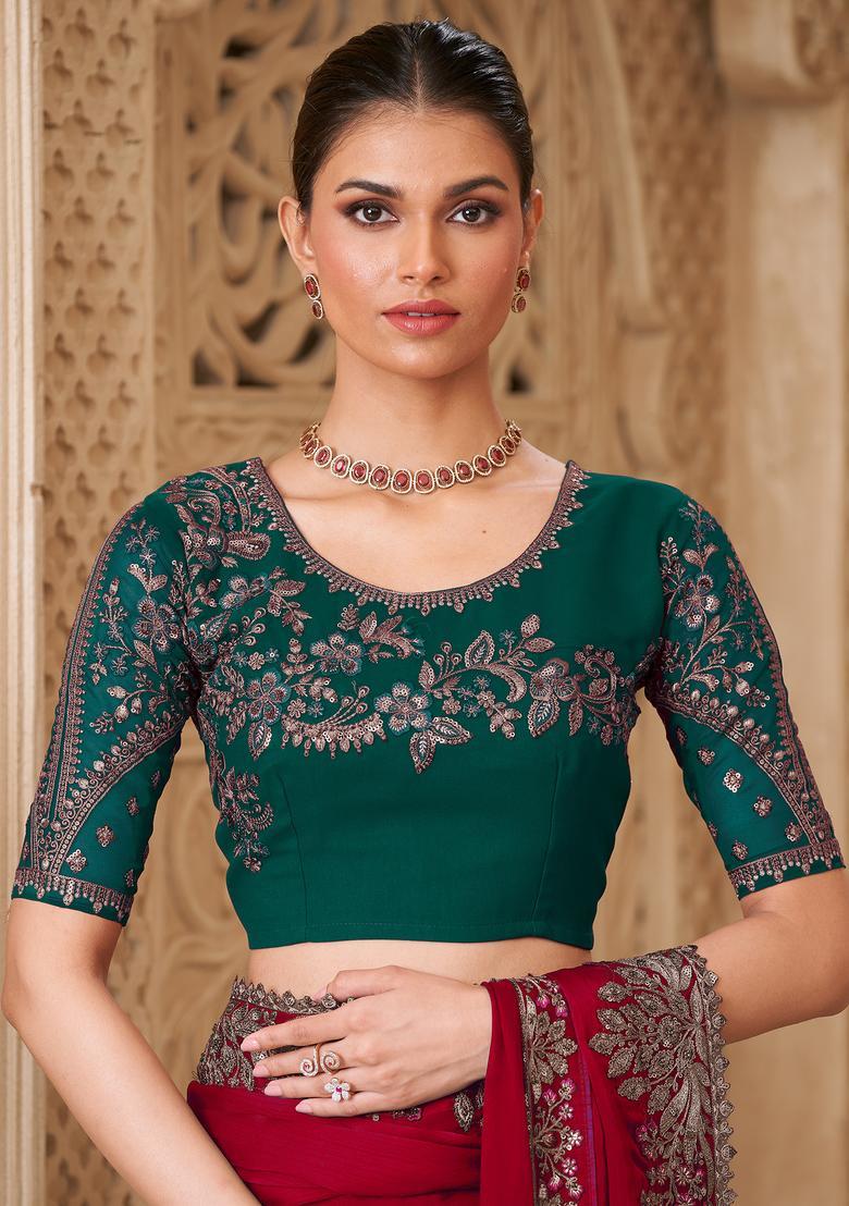 Red Embellished Georgette Saree Set - Indya